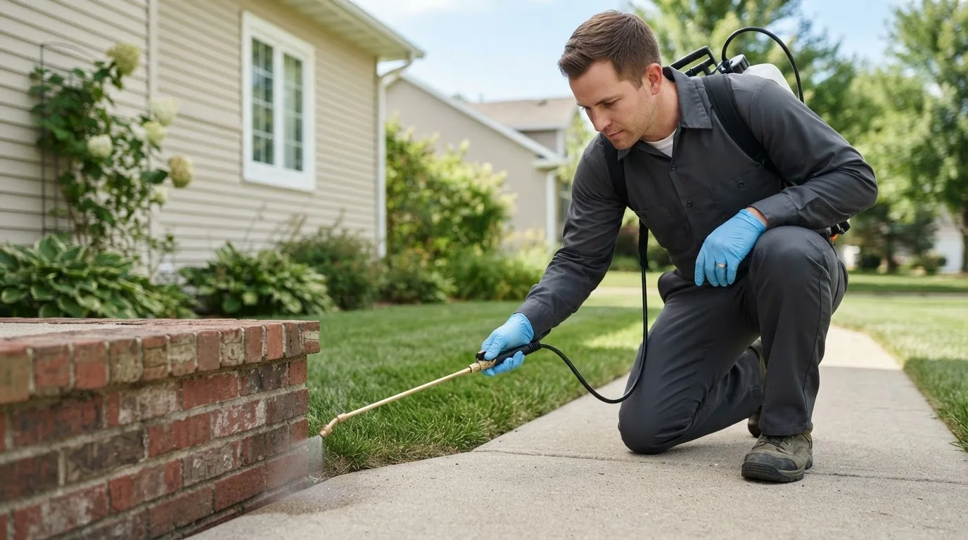 Pest control technician treating a home near Carsonville, MI