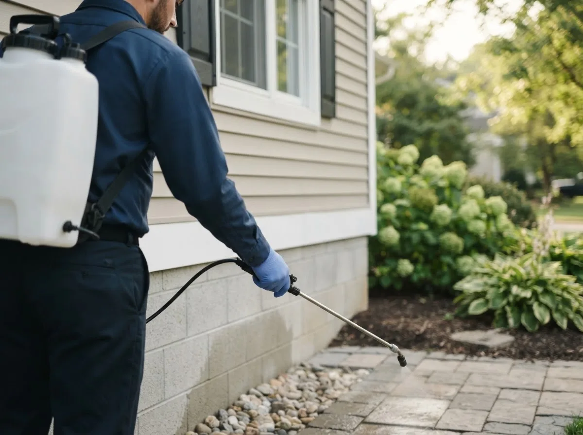 Pest control technician inspecting a home in Carsonville, MI